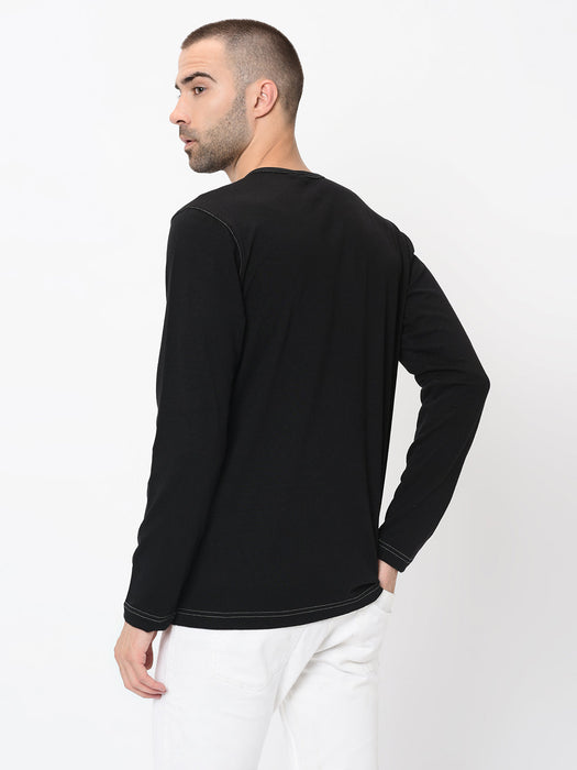 Contrast Stitch Detailing Henley Full Sleeve Tshirt For Men