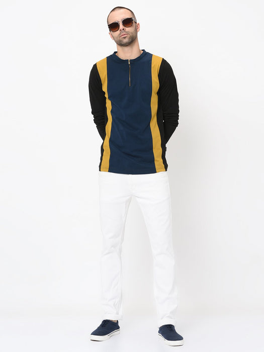 Black Mustard Blue Vertical Cut & Sew Henley With Zip Detail Full Sleeve Tshirt For Men