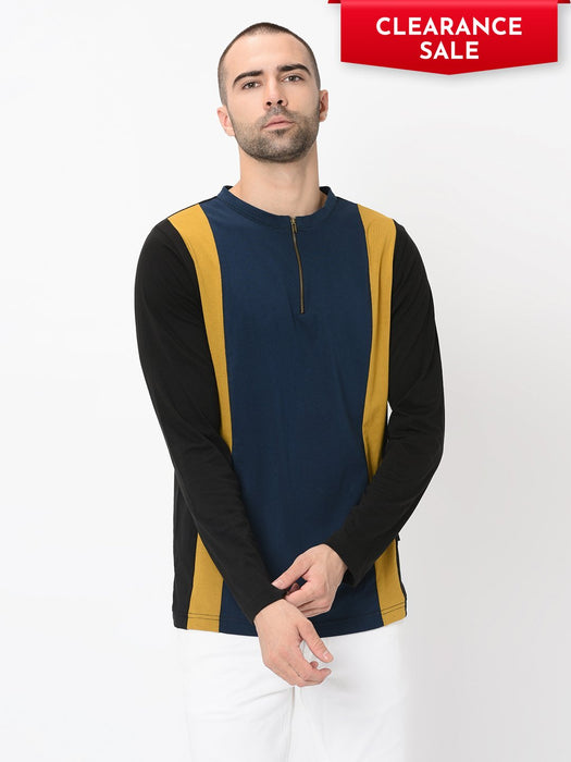 Black Mustard Blue Vertical Cut & Sew Henley With Zip Detail Full Sleeve Tshirt For Men