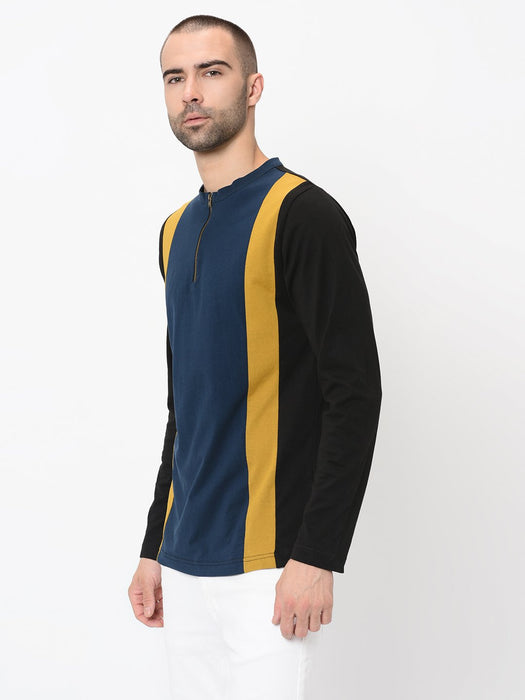 Black Mustard Blue Vertical Cut & Sew Henley With Zip Detail Full Sleeve Tshirt For Men