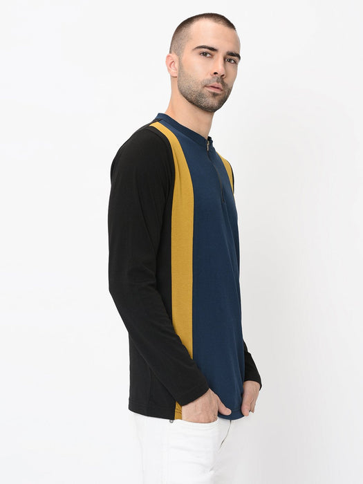 Black Mustard Blue Vertical Cut & Sew Henley With Zip Detail Full Sleeve Tshirt For Men