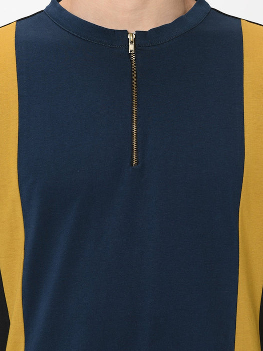 Black Mustard Blue Vertical Cut & Sew Henley With Zip Detail Full Sleeve Tshirt For Men