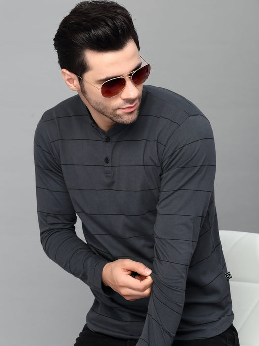 Striped Henley Neck Full Sleeve T- Shirt