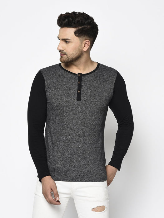 Charcoal Grindle With Black Full Sleeve Cotton Henley T-Shirt