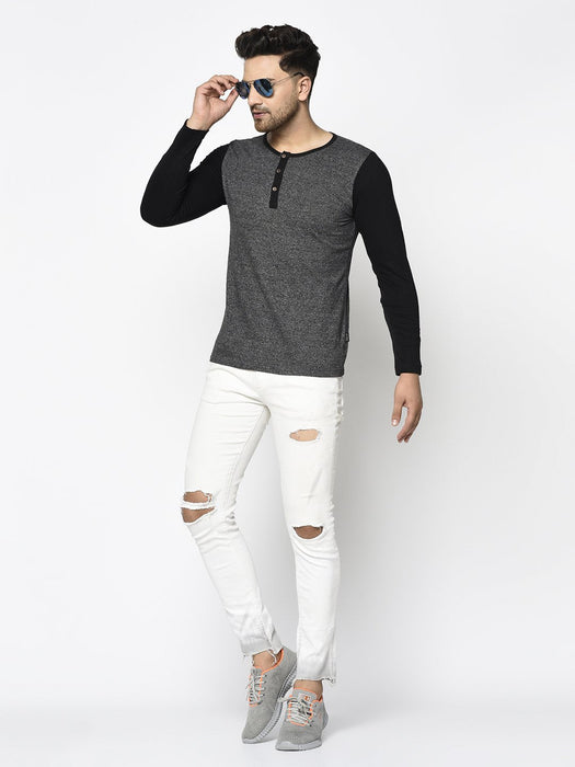 Charcoal Grindle With Black Full Sleeve Cotton Henley T-Shirt