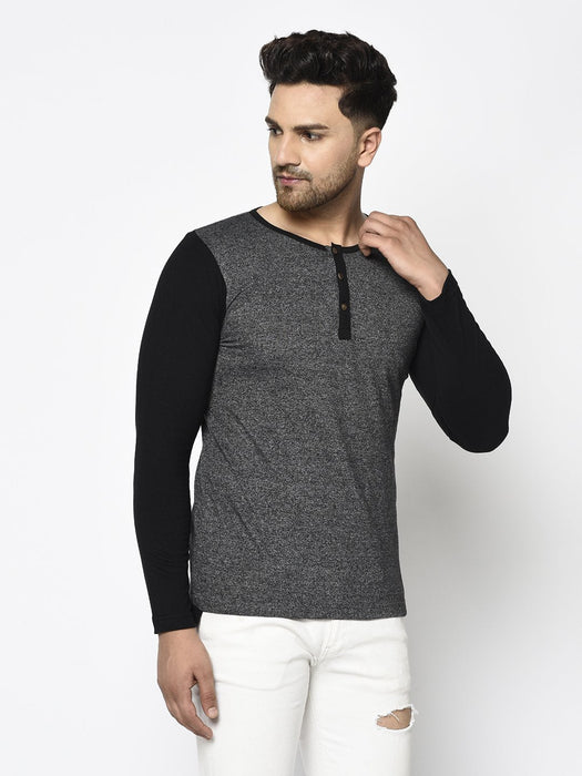 Charcoal Grindle With Black Full Sleeve Cotton Henley T-Shirt