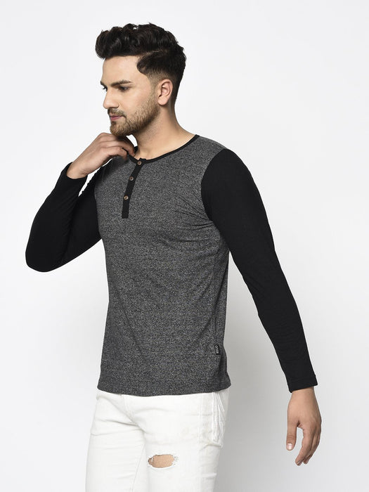 Charcoal Grindle With Black Full Sleeve Cotton Henley T-Shirt