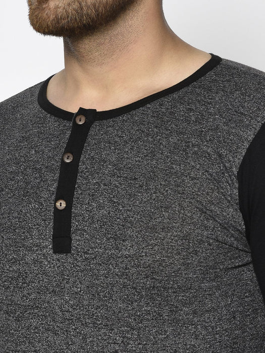 Charcoal Grindle With Black Full Sleeve Cotton Henley T-Shirt