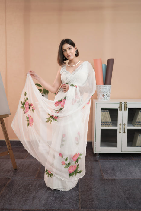 Ivory Whispers (White Handpainted Chiffon Saree)