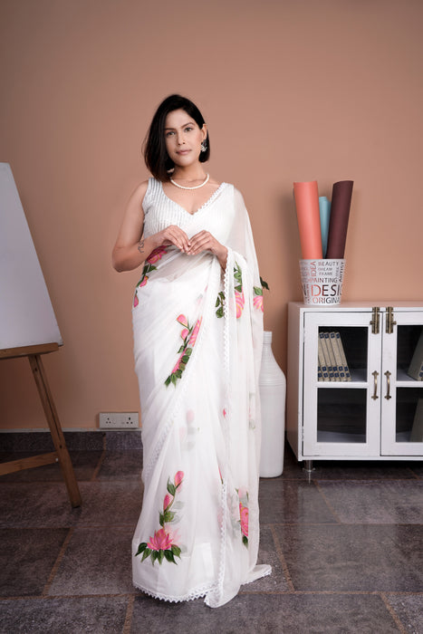 Ivory Whispers (White Handpainted Chiffon Saree)