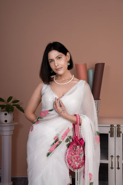 Ivory Whispers (White Handpainted Chiffon Saree)