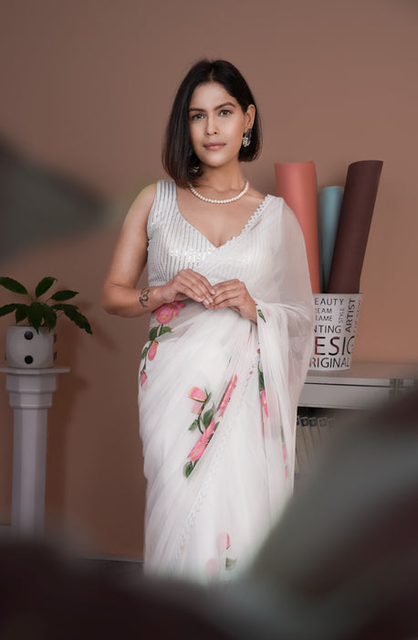 Ivory Whispers (White Handpainted Chiffon Saree)