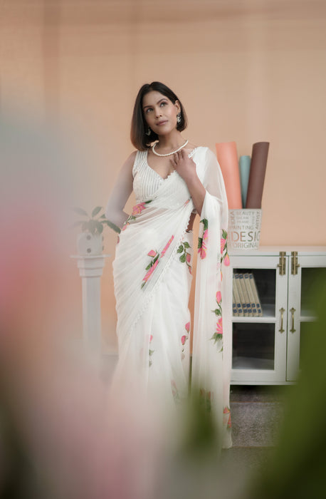 Ivory Whispers (White Handpainted Chiffon Saree)