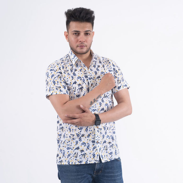 Half Sleeves Abstract Jaal White Casual Shirt