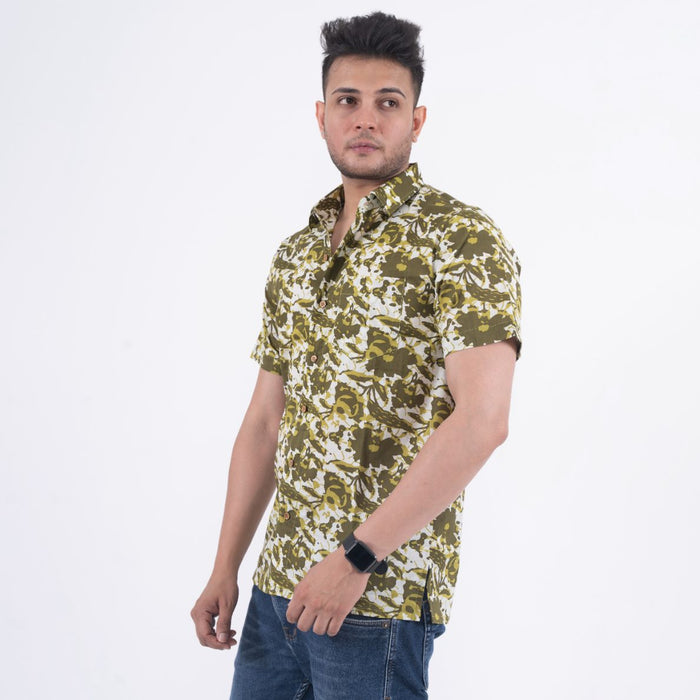 Half Sleeves Beach Green Floral Print Casual Shirt