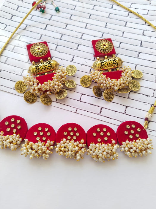 Hot Red Golden Choker And Earrings Set