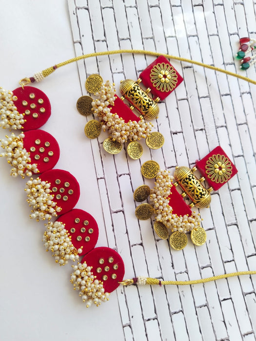 Hot Red Golden Choker And Earrings Set