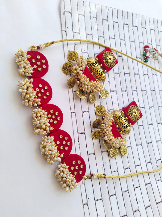 Hot Red Golden Choker And Earrings Set