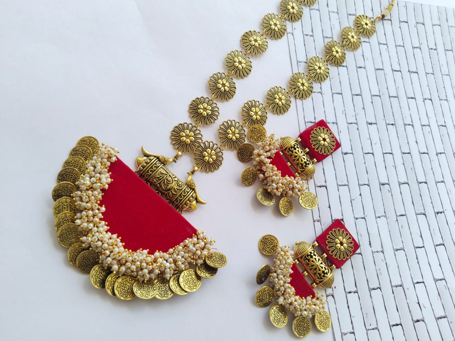 Hot Red Golden Beaded Long Necklace With Earrings Set