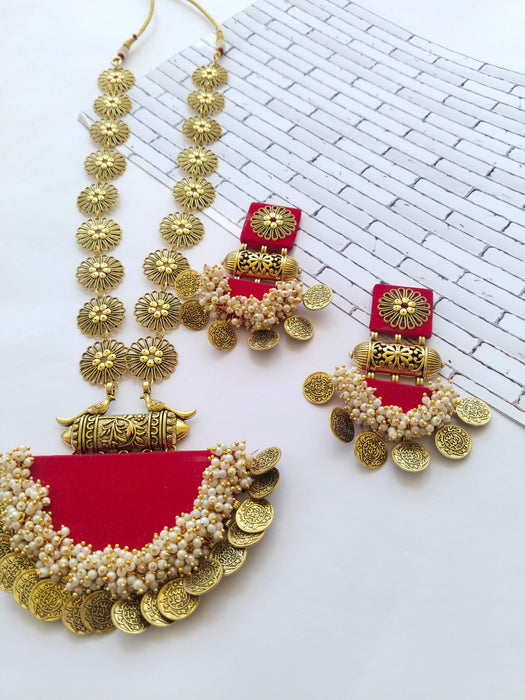 Hot Red Golden Beaded Long Necklace With Earrings Set