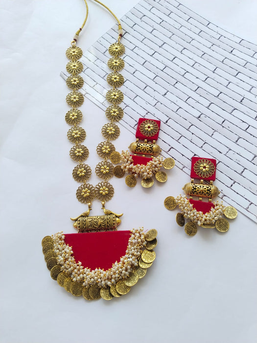 Hot Red Golden Beaded Long Necklace With Earrings Set