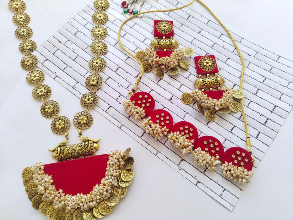 Red Necklace Choker Earrings Set With Kundan And Golden Pearls Beads