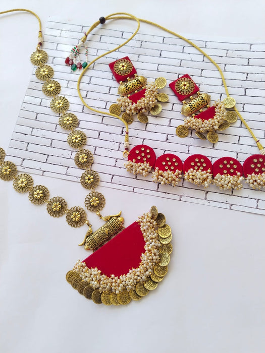 Red Necklace Choker Earrings Set With Kundan And Golden Pearls Beads