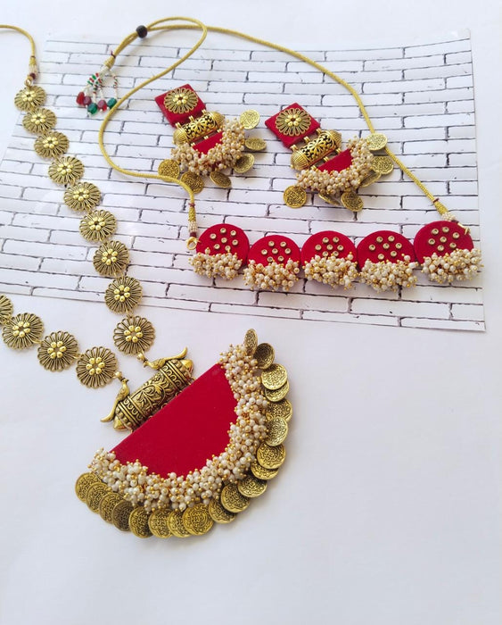 Red Necklace Choker Earrings Set With Kundan And Golden Pearls Beads