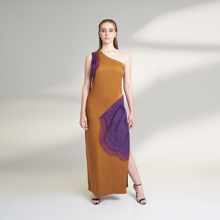 ORGANIC LOTUS SILK LONG MUSTARD AND PURPLE DRESS