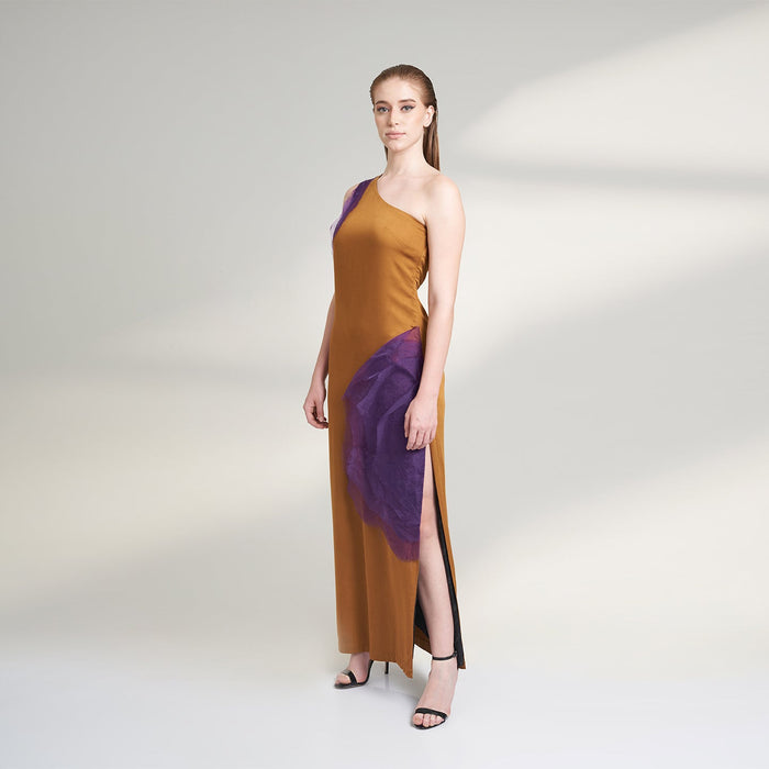 ORGANIC LOTUS SILK LONG MUSTARD AND PURPLE DRESS