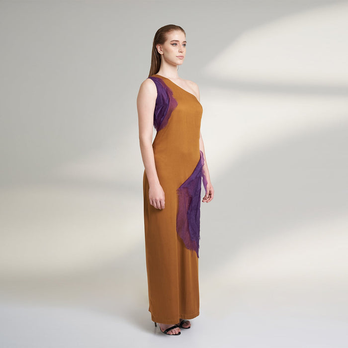 ORGANIC LOTUS SILK LONG MUSTARD AND PURPLE DRESS