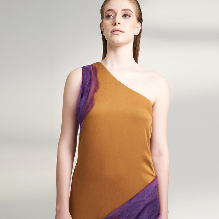 ORGANIC LOTUS SILK LONG MUSTARD AND PURPLE DRESS