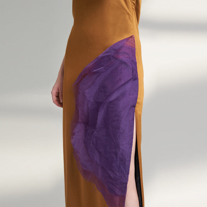 ORGANIC LOTUS SILK LONG MUSTARD AND PURPLE DRESS