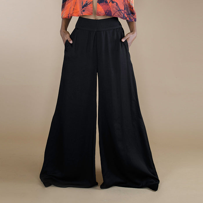 a high waist black flared women pants made from organic lotus stem silk fabric