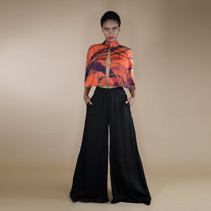 a high waist black flared women pants made from organic lotus stem silk fabric