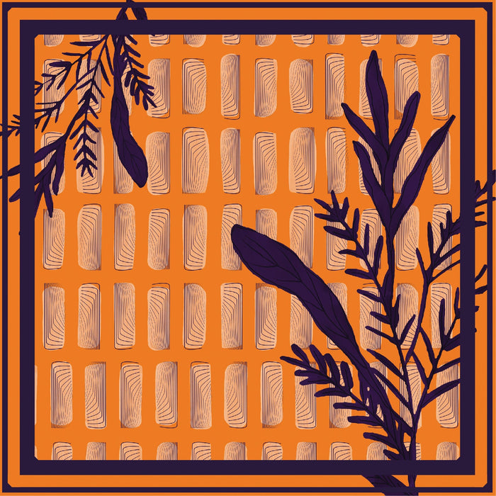 Amahle, a square scarf crafted from an organic Aloe Vera fabric, inspired by the intricate details of antique wall artworks adorned with climbing plant vines. This captivating scarf features a vibrant orange base adorned with elegant purple vine.