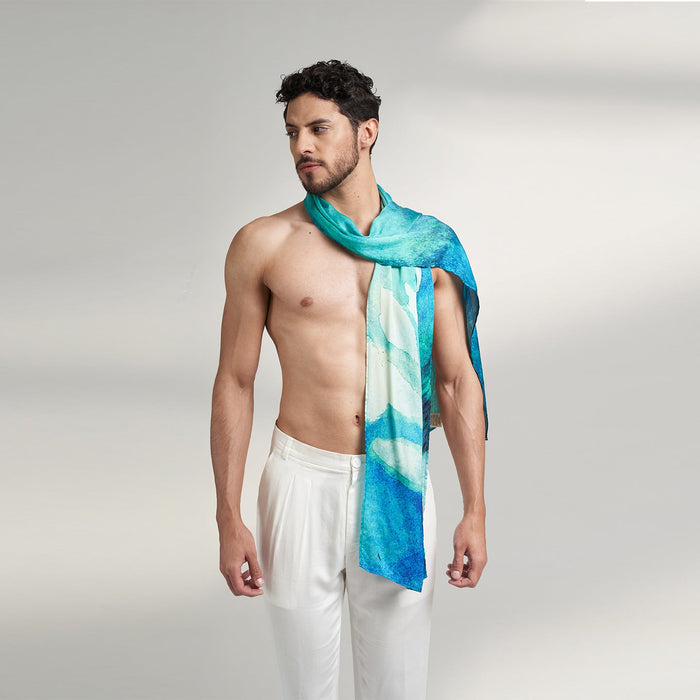 ORGANIC SMALL SEA GREEN AND WHITE SCARF FOR MEN