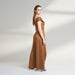 A brown tan color jumpsuit with wrap around ruched front bodice with overlap front slit pants.