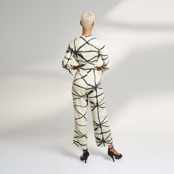 ORGANIC LOTUS SILK CHECK BLACK AND BEIGE JUMPSUIT