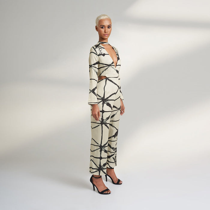 ORGANIC LOTUS SILK CHECK BLACK AND BEIGE JUMPSUIT