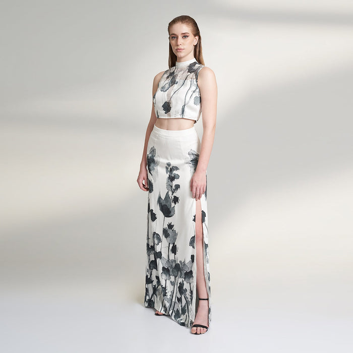 ORGANIC PRINTED HIGH SLIT BLACK AND WHITE SKIRT