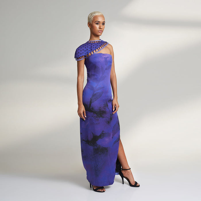 ORGANIC LOTUS SILK LONG PURPLE COCKTAIL DRESS