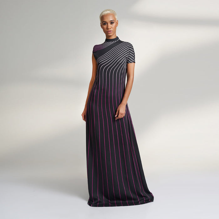 ORGANIC PIN STRIPE PETITE BLACK COCKTAIL DRESS