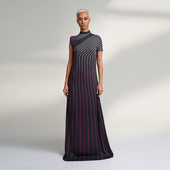 ORGANIC PIN STRIPE PETITE BLACK COCKTAIL DRESS