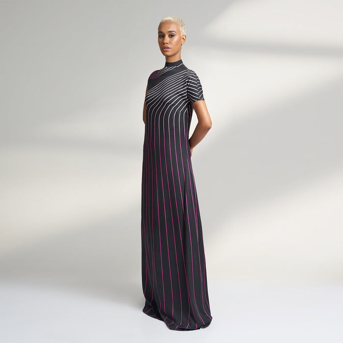 ORGANIC PIN STRIPE PETITE BLACK COCKTAIL DRESS