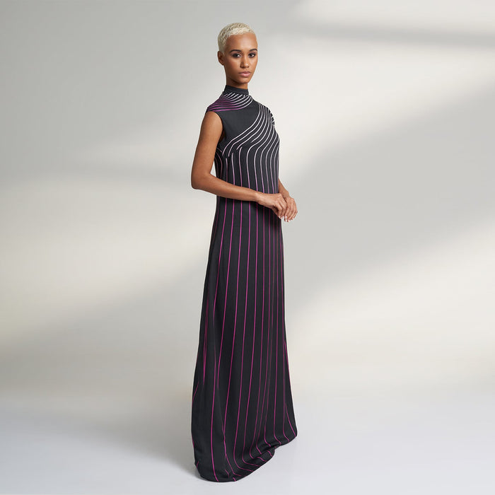 ORGANIC PIN STRIPE PETITE BLACK COCKTAIL DRESS