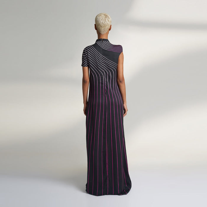 ORGANIC PIN STRIPE PETITE BLACK COCKTAIL DRESS