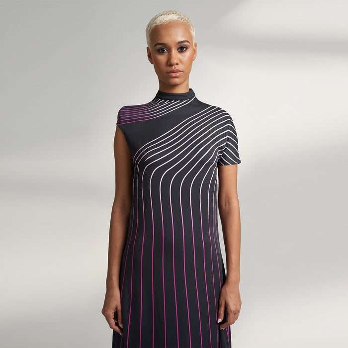 ORGANIC PIN STRIPE PETITE BLACK COCKTAIL DRESS