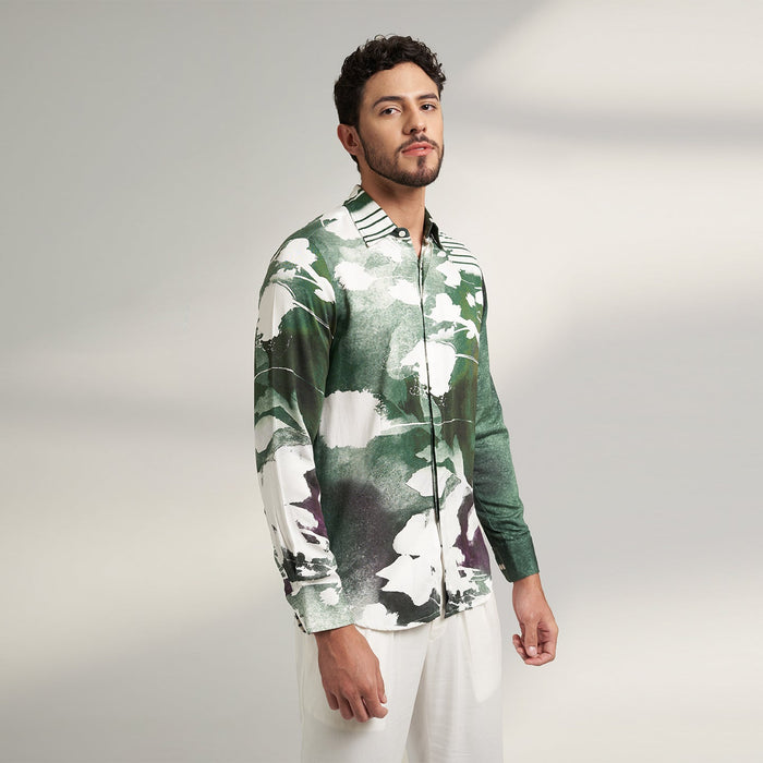 ORGANIC PRINTED GREEN AND WHITE DESIGNER SHIRT