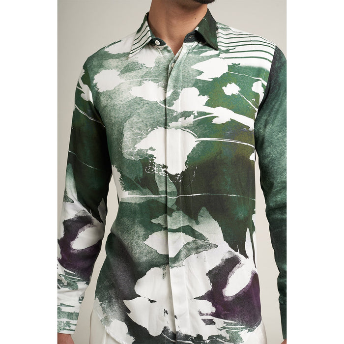 ORGANIC PRINTED GREEN AND WHITE DESIGNER SHIRT